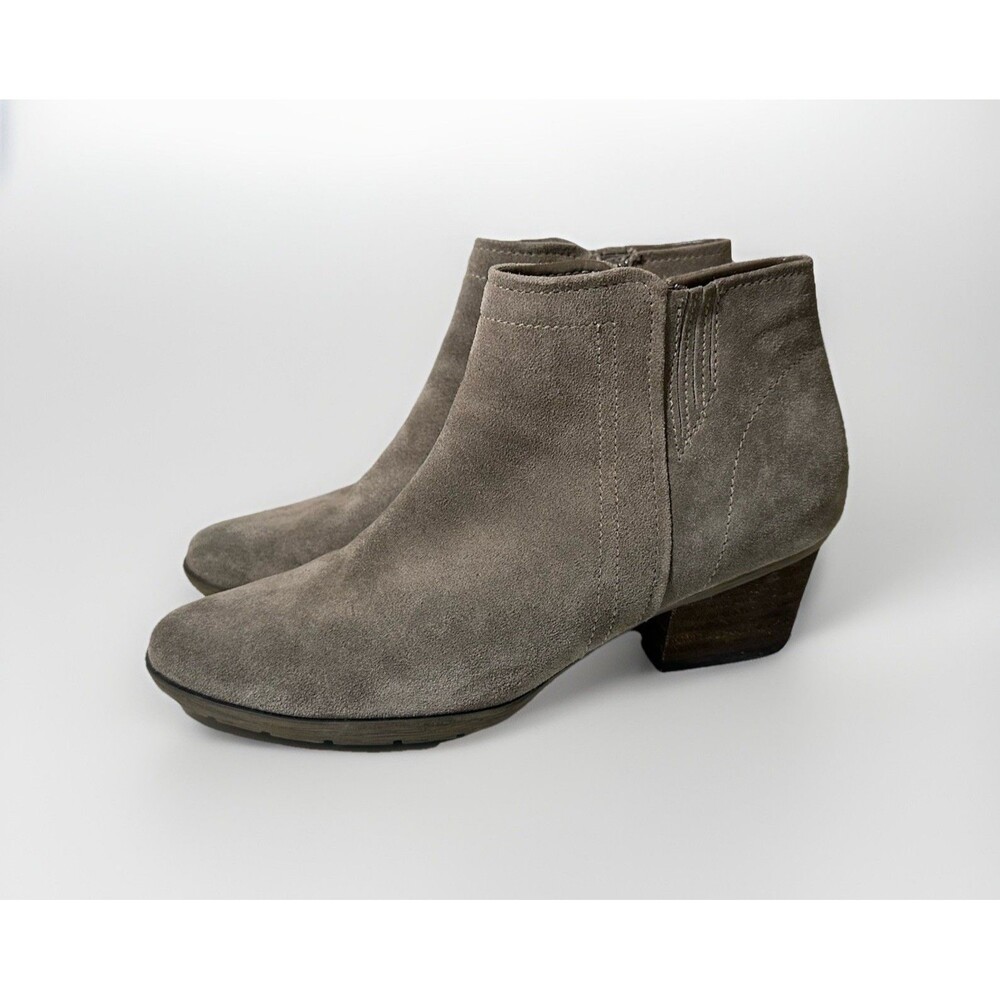 Blondo Womens Suede Taupe Booties Size 9M Side Zip Waterproof Stack Block Heel‎